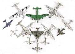 Dinky playworn diecast model airplanes to include 2 X 706 Viscount, 704 York, 62y Giant High Speed