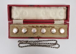 Set of six gent's dress buttons, each set with mother-of-pearl and a white metal albert chain