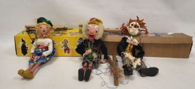 Three Pelham puppets to include Bimbo the Clown, Scottish Highlander in kilt and Blonde Girl in