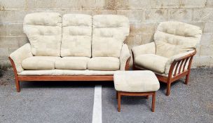 Modern three-seat settee and armchair matching, with stained wood shewwood frame, with footstool