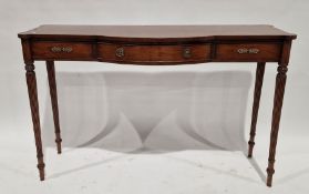 Reproduction mahogany brass line inlaid and banded console table, the bowfront fitted drawer to