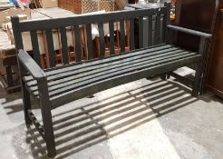 Black stained slatted wood garden bench, 156cm x 53cm x 78cm
