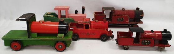Wooden Trains to include a Tri-ang Puff Puff, Lines Bros Ltd LMS Locomotive, a similar smaller Lines