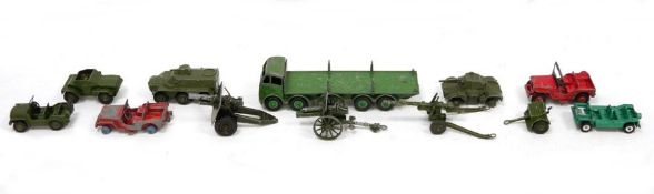 Dinky Toys playworn diecast model cars to include 25Y Universal Jeep (red with blue wheels)