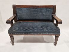 20th century stained wooden pub bench with upholstered seat and back, 98cm high x 122cm wide