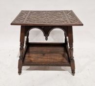 Late 19th century carved oak occasional table, the splayed turned supports united by undertier and