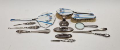 Hallmarked silver squat candlestick, 6cm high, a selection of silver-handled dressing items