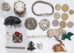 Straw work box with assorted coinage, commemorative medals, badges and costume jewellery,