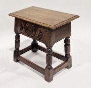 Reproduction oak box seat stool with carved frieze, fluted supports, on straight stretchers, 45cm