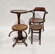 Thonet bentwood elbow chair, a circular tripod table (both with labels) and two bentwood stools, one