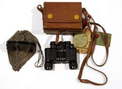 Pair of black japanned metal racing/hunting glasses in leather carrying case, bearing labels from '