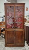 Late Georgian mahogany standing corner cupboard in two sections, the upper section enclosed by
