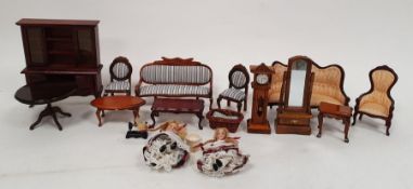 Quantity dolls house furniture to include dresser, longcase clock, metal draught screen, two