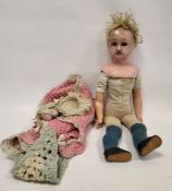 Wax shoulderhead doll with sleeping blue eyes, open mouth, blonde wig, cloth body and composition