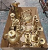 Middle Eastern brass teapot, engraved and with straight spout, similar kettle, three pairs of