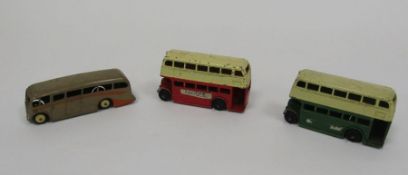 Dinky diecast model cars to include 2x 29c Double deck bus- one with green and cream body, black