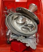 Large assortment of silver-plated wares to include three unusual napkin ring spill vases, a whisky