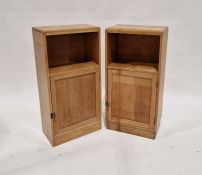 Two modern oak and beech beside cupboards, each with open shelf, 78cm high x 39cm wide x 24cm