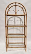 Modern bamboo-effect shelving display unit having four glass shelves with arched top, 178cm high x