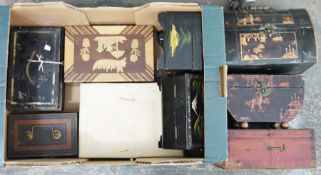 Selection of wooden boxes to include Japanese lacquered boxes, jewellery boxes, etc