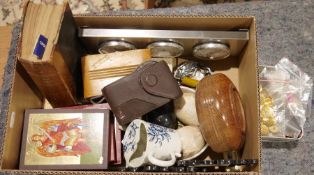 Various collectables including wooden box containing foreign coins, treen turned bowl, stone eggs,