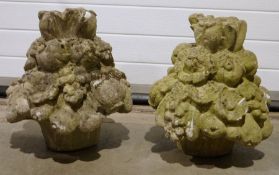 Pair of composite stone garden finials in the form of baskets of fruit and flowers (2)