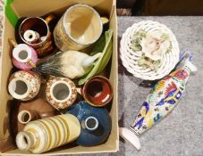 Two Spode Chivas Brothers liqueur bottles, a pair of Coalport ceramic decanters, a Maranta pottery