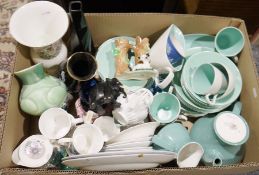 Quantity of Poole 'Twintone' pottery in grey and duck egg blue colourway, a Crown Devon jug, a