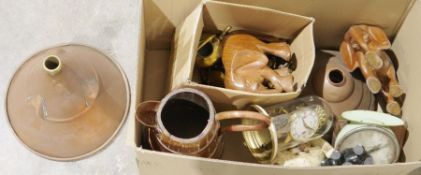 Three vintage Smiths clocks, a copper ceiling light shade stamped 'The Swiftness', another copper