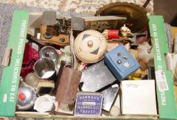 Vintage brass and wooden postage scales, a vintage Rototherm bakelite thermometer, a vintage metal
