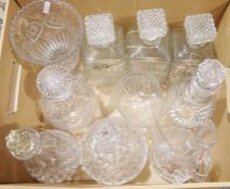 Small quantity of cranberry coloured glass, assorted cut glass decanters and assorted drinking