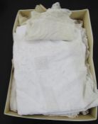 Assorted table linen and embroidered items to include a large lace and drawn thread table cloth,