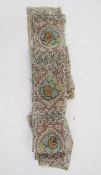 Two lengths of beaded net rose panels in blue, green and pink, possibly 1920s.
