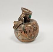 Ama coloured frosted glass carafe with art nouveau style copper overlay, height 20cm