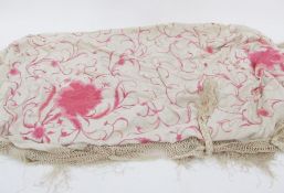 1920's black long silk shawl with handpainted design of flowers in orange and green, steel bead