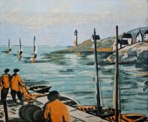 20th century printed and painted picture on cotton panel, decorated with fisherman in seascape, in