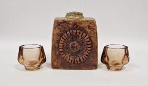 Bernard Rooke, brutist style slab vase of square form with circular relief decoration, impressed