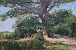 John McLellan Oil on board Study of an oak, signed, with NEAC label verso, 49cm x 74cm
