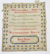 An unframed sampler named 'Emma Pearson 1844'  