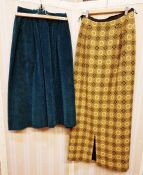 Dark turquoise corduroy full skirt labelled 'Mary Quant', a Welsh wool black and white maxi skirt