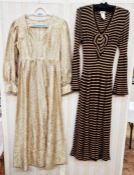Sonya Rykiel knitted maxi dress, brown and camel, drop waist, fitted body, angel sleeves, knitted