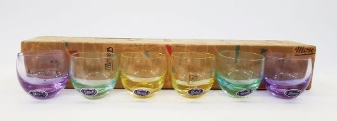 Boxed set of six early-mid 20th century coloured small beakers by Moser, in yellow, turquoise and