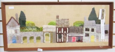 Jan Messent (20th Century), woolwork street scene, using crochet and knitting techniques on