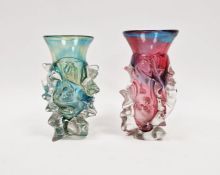 Two Gail D Gill free form cased glass vases, one with blue and green core, height 18cm, and the