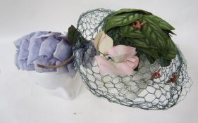 Quantity of vintage hats, one labelled 'Adele Mayfair W1' decorated with faux violets, a green net