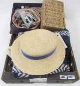 Assorted vintage and later scarves, evening bag, nightwear, buttons, a straw boater,