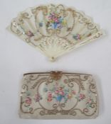 Painted satin and sequin decorated evening bag with gilt foldover clip clasp, detailed with faux-