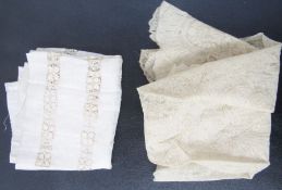 Lace and blue fabric (possibly silk) bedspread and matching pillowcase with embroidered