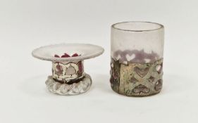 Anthony Stern small iridescent glass vase/candle holder with pierced metal band decoration, signed