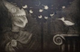 After Mary Rose O'Neill (b.1961)  Aquatint etching on paper Mythical figure with tree and bird,